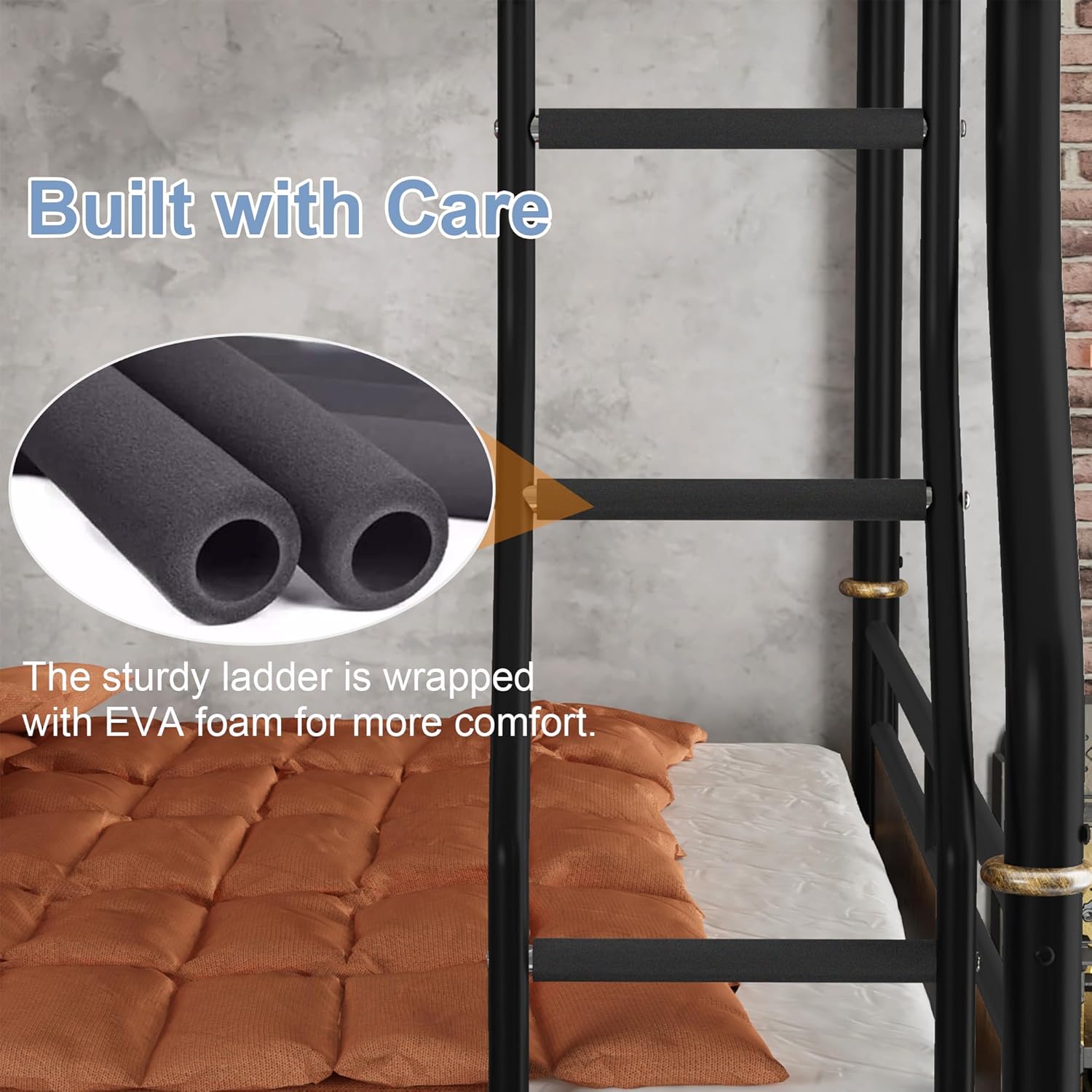 Full XL Over Queen Bunk Bed, Industrial Detachable Bunked Frame with Soft Ladder Rung Cover and High Guardrails, Industrial Bunk Beds for Kids Boys Girls Teens, Black
