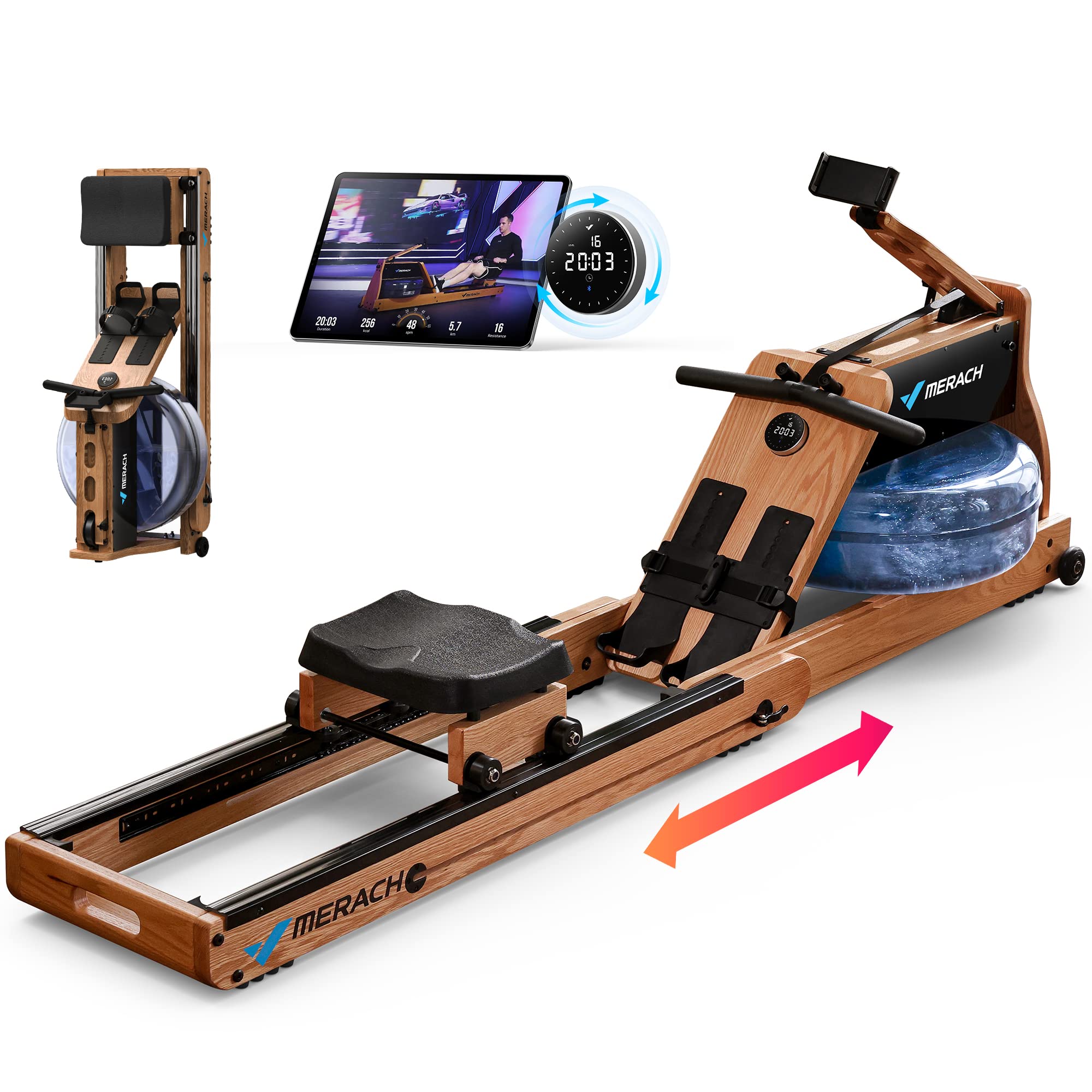 MERACHWater Rowing Machines for Home, Foldable Row Machine with 400LBS Weight Capacity, Dedicated Monitor and Comfortable Seat, Free MERACH App for Immersive Water Rower
