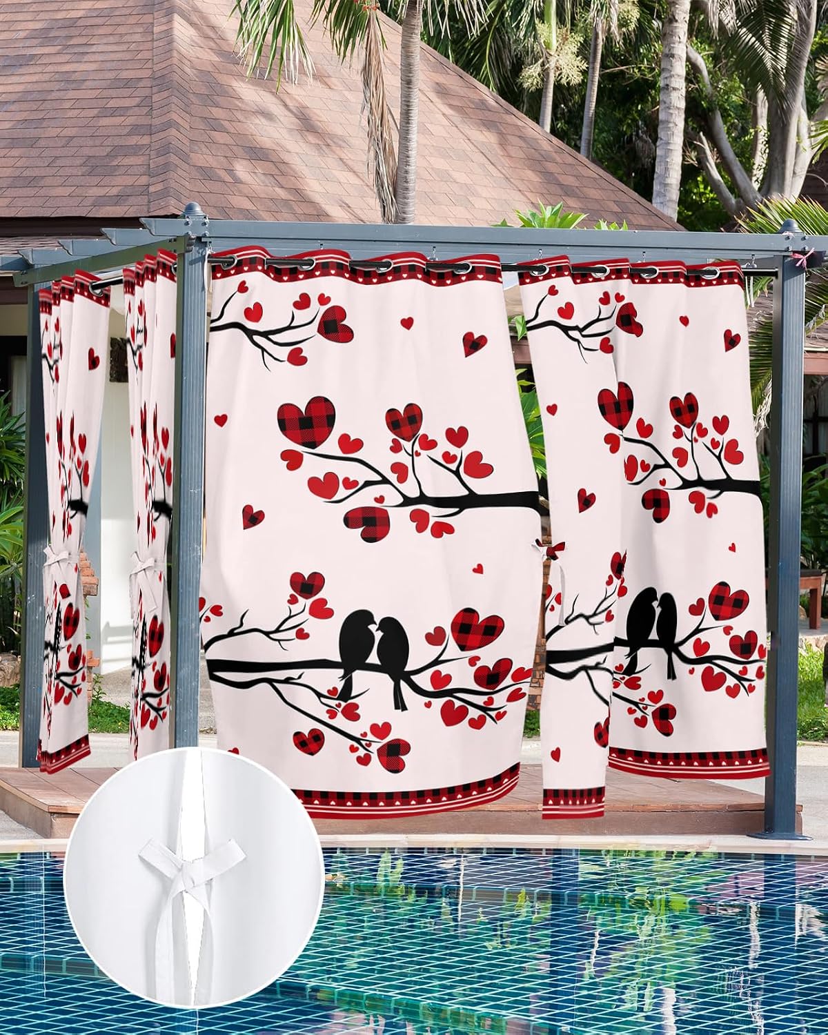 Indoor Outdoor Curtains for Patio Valentine's Day Love Birds on Heart Tree Red Plaid Pink Outside Curtains Waterproof Grommet Privacy Light Filter Drapes for Porch Pergola Gazebo 52"Wx108"L 2 Panels