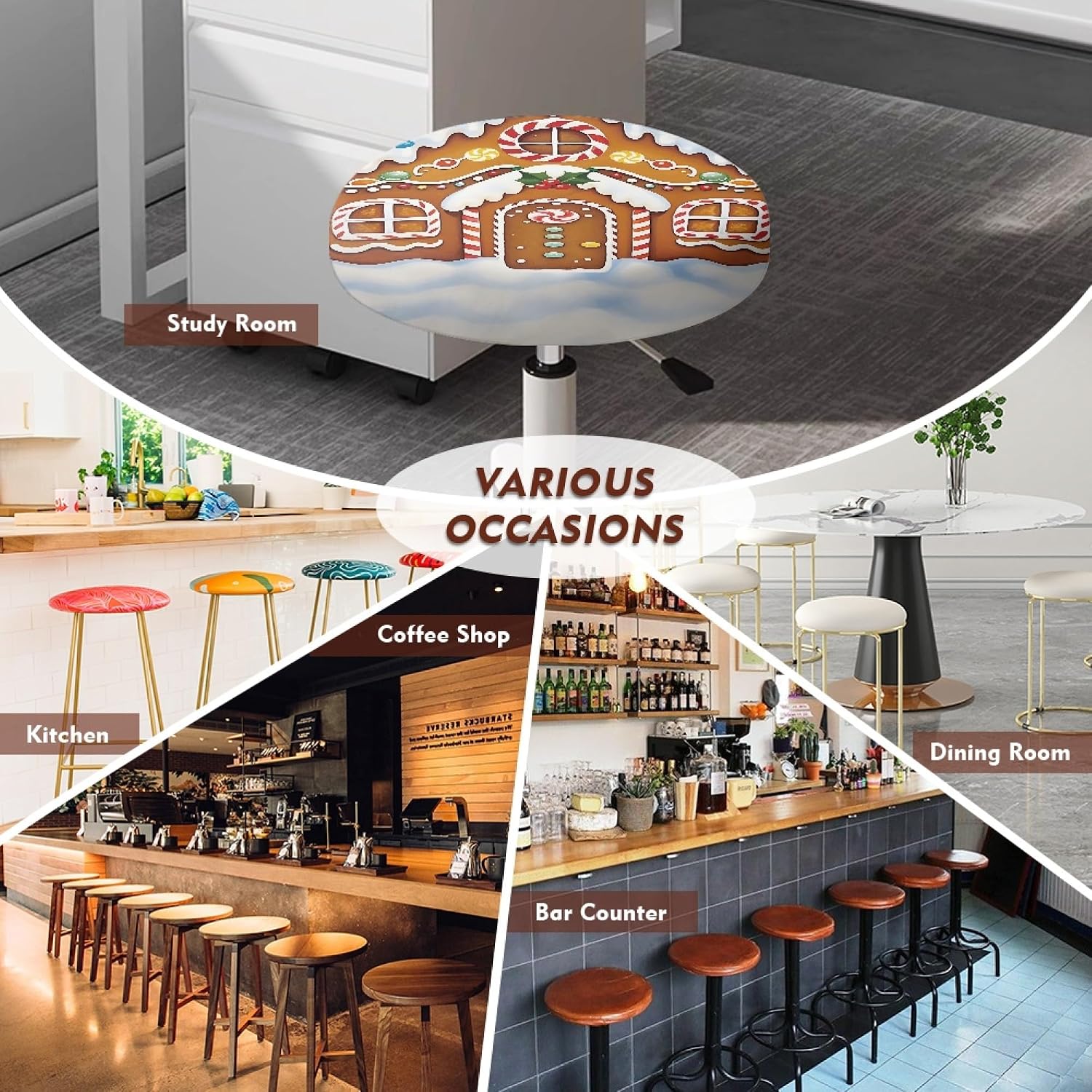 Christmas Round Bar Stool Covers Set of 4 Waterproof Elastic Bar Stool Covers Washable Cushion Slipcover for 12-14 Inch