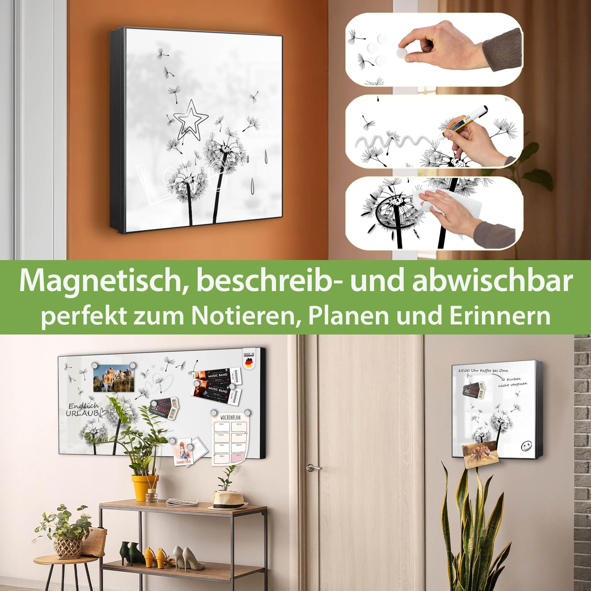 banjado Großer Schlüsselkasten Metall - Schlüsselbox 30x30cm beschreibbarer mit 32 Haken - Schlüsselkasten modern für Schlüsselaufbewahrung - Korpus Schwarz Scharnier Rechts - Motiv Pusteblume 2