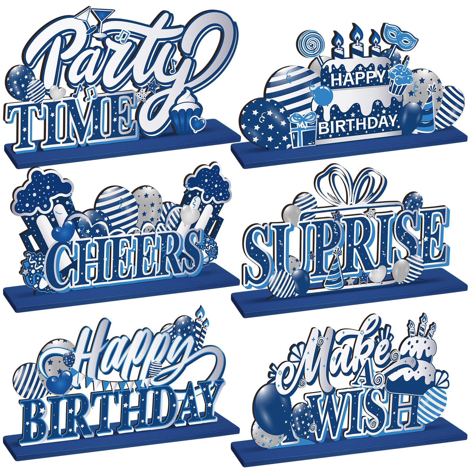 Hoolerry 6 Pcs Happy Birthday Party Decorations Table Decor Birthday Table Topper Centerpieces Set Blue and Silver Wooden Centerpieces for Living Room