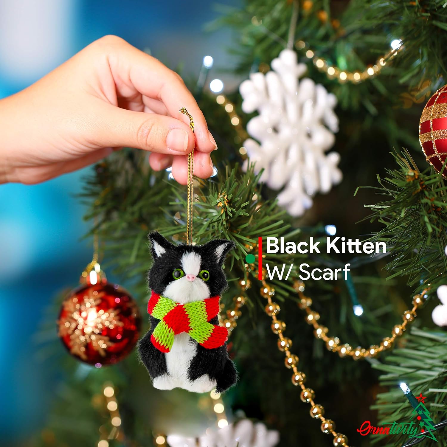 Christmas Mini Furry Cat Ornament - Kitty Holiday Tree Hanging Decoration 3" image 2