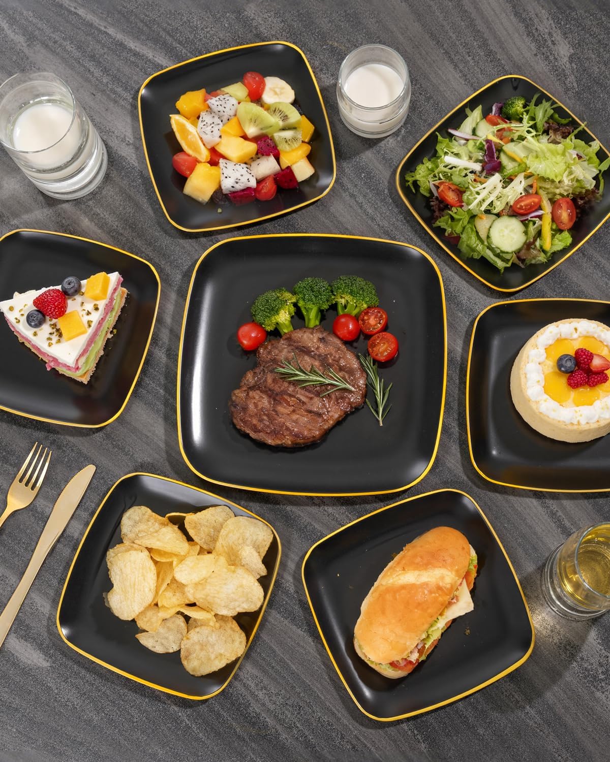 bUCLA 100PCS Black Plastic Plates with Gold Trim - Heavy Duty Black Gold Square Plates Disposable - Include 50 Each (Dinner & Dessert) for Party & New Year - Image 4