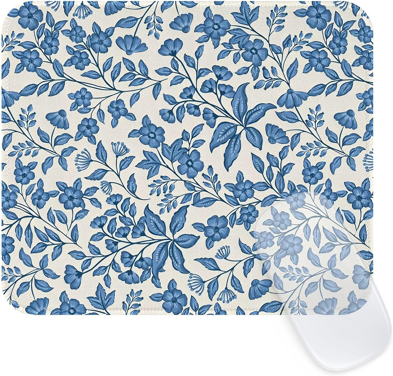 Seorsok Elegant Floral and Leaves Mouse Mat,Premium Textured Mouse Pads for Office Laptop,Washable Square Cute Mousepads with Extended Stitched Edges Non Slip Rubber Base 9.5"x7.8"x0.07" Inch,Blue