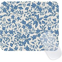 Seorsok Elegant Floral and Leaves Mouse Mat,Premium Textured Mouse Pads for Office Laptop,Washable Square Cute Mousepads with Extended Stitched Edges Non Slip Rubber Base 9.5"x7.8"x0.07" Inch,Blue