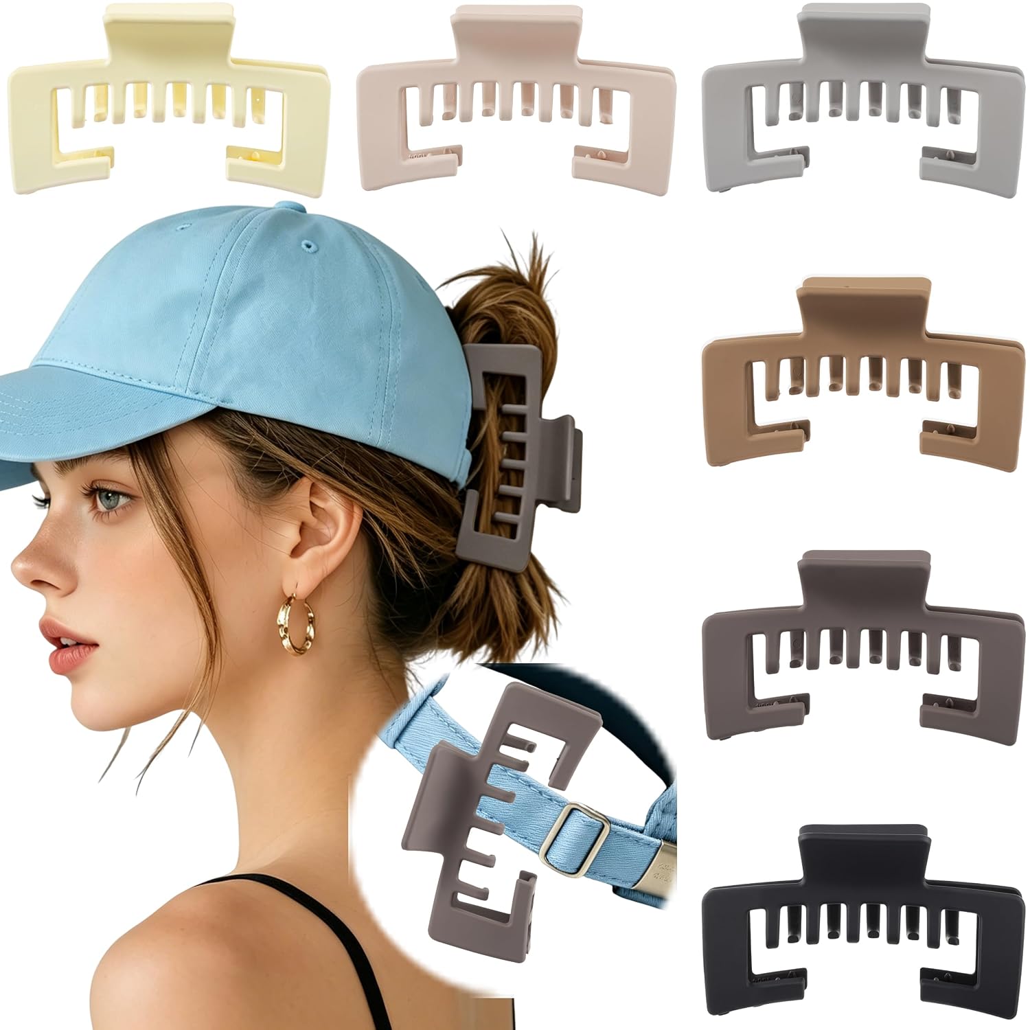 Sunolga Hat Claw Clips for Baseball Caps, 6PCS Large Trucker Hat Hair Clips for Women Non-Slip Strong Hold Claw Clips Fit for Thin Thick Curly Hairstyles, Gifts Hair Accessories