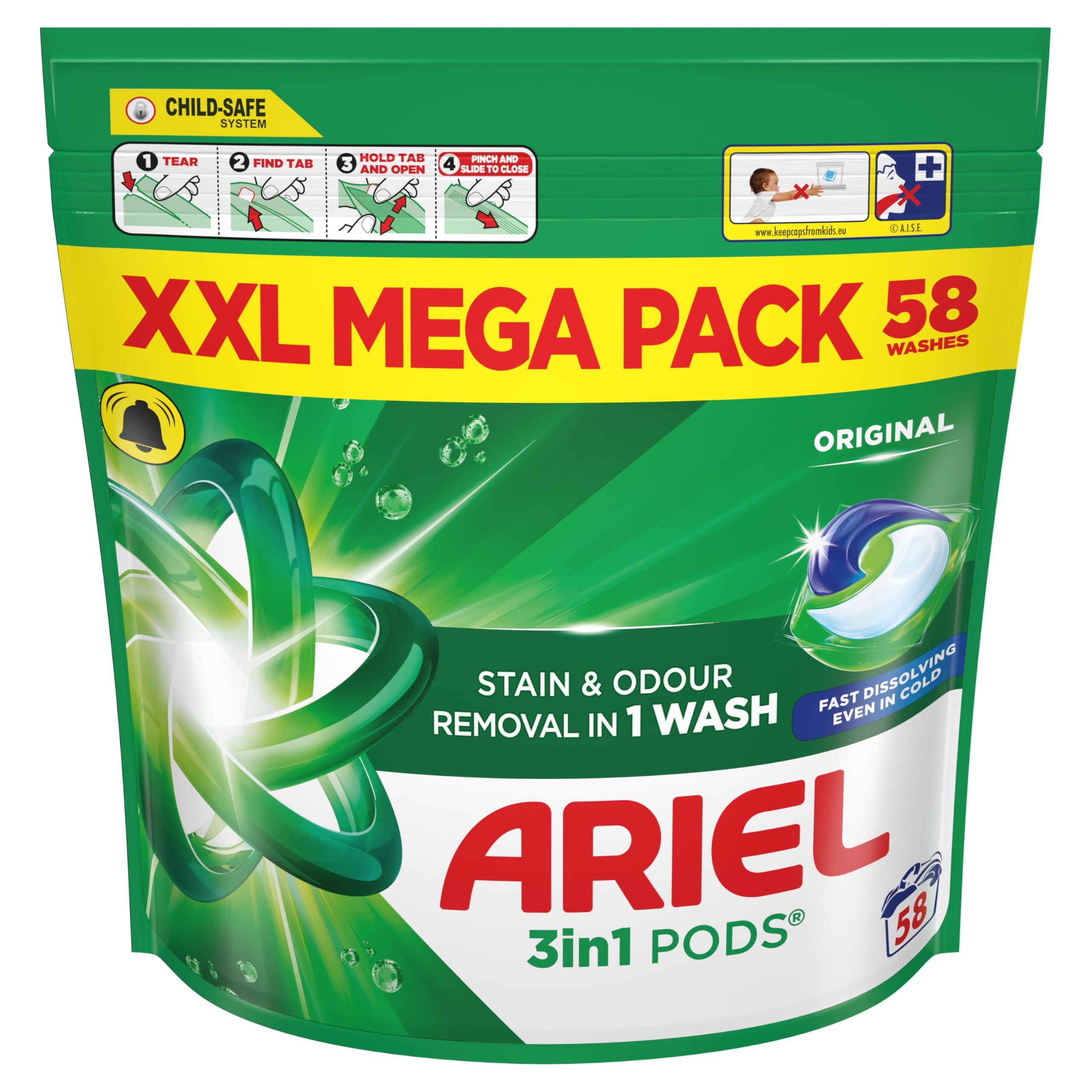 Ariel 3w1 PODS®, płyn do prania kapsułki z detergentem do prania 58 prań, oryginalne, usuwanie plam i zapachów w jednym praniu, szybkie rozpuszczanie nawet w zimnej wodzie
