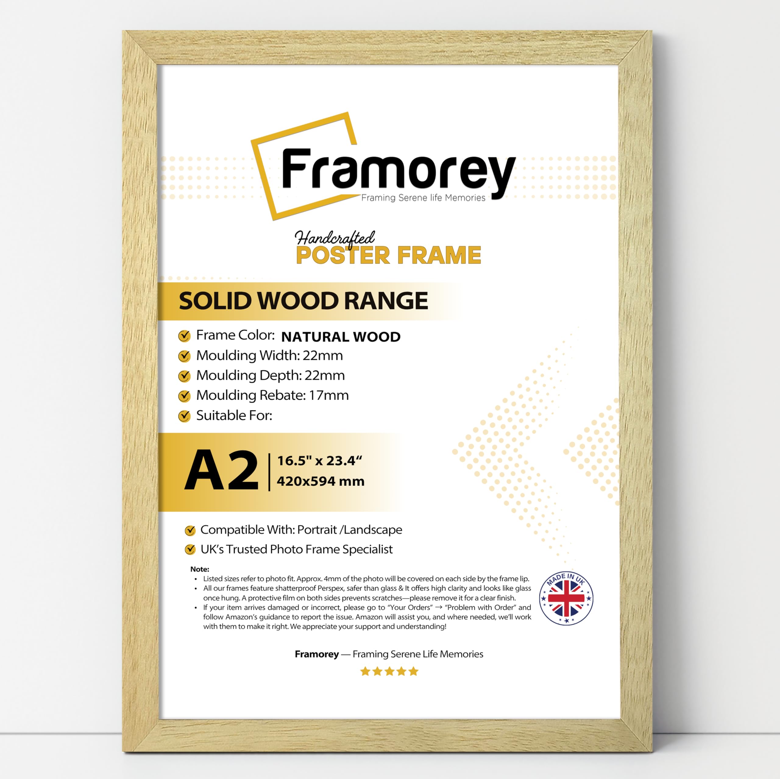 Framorey Framing Serene Life Memories Natural Wood Framorey Effect A2(42X59.4cm) Picture Frames, A2 Solid Wooden Effect Poster Frame, Certificate Photo Frame For Wall Mounting Horizontally And Vertically, Easy To Hang