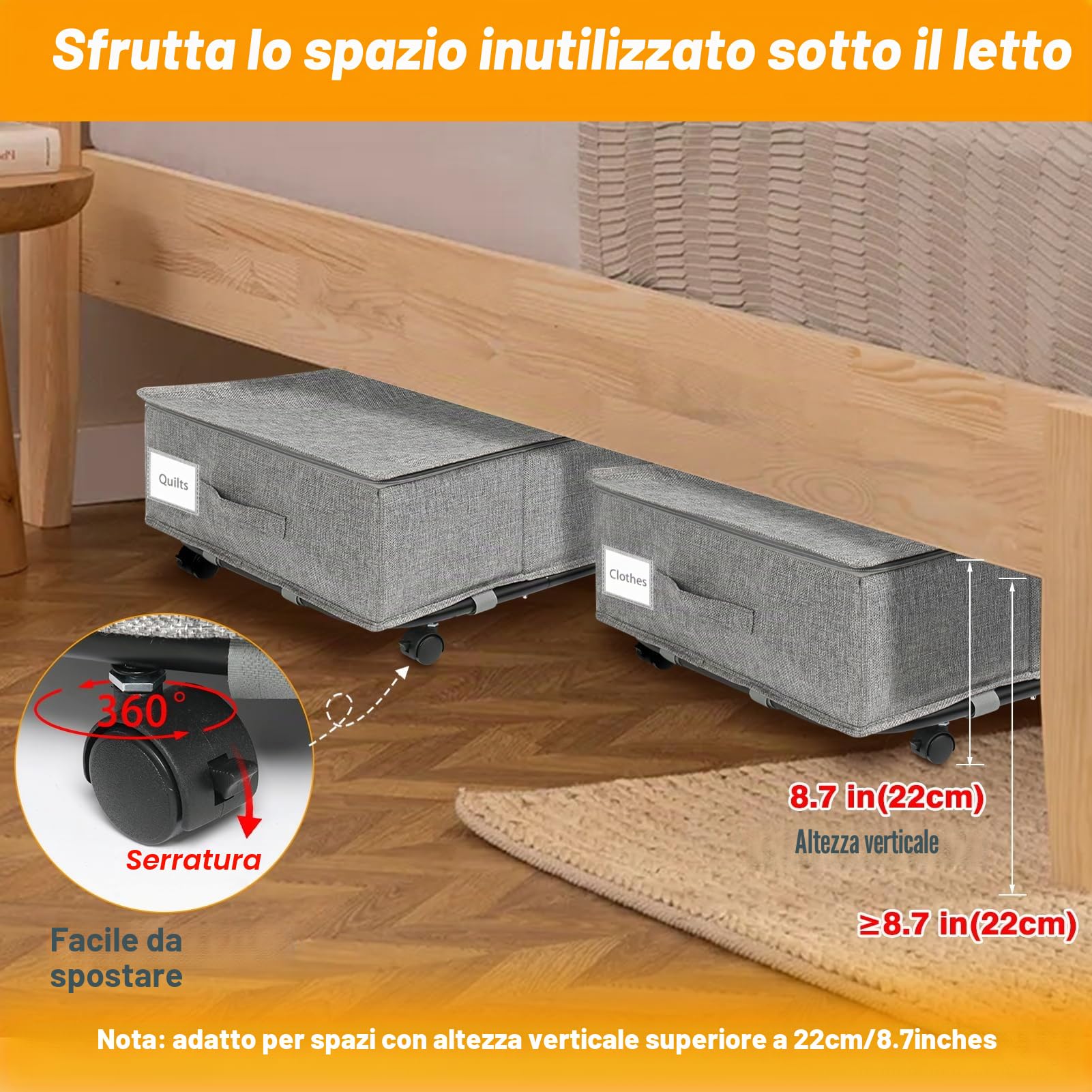 JUPELI Contenitori sotto il letto su ruote, organizer sotto il letto pieghevole extra large da 50L, confezione da 2 contenitori sotto il letto su ruote, scatole sotto il letto con coperchio rotanti