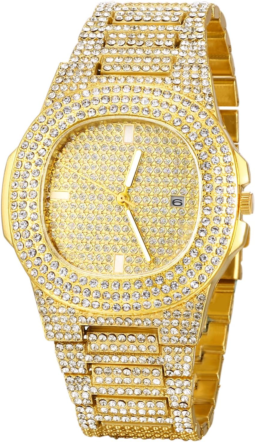 Mens Iced Out Watch Full Diamonds Rhinestones Gold/Silver Wristwatch Luminous Analog Quartz Watch for Halloween Xmas