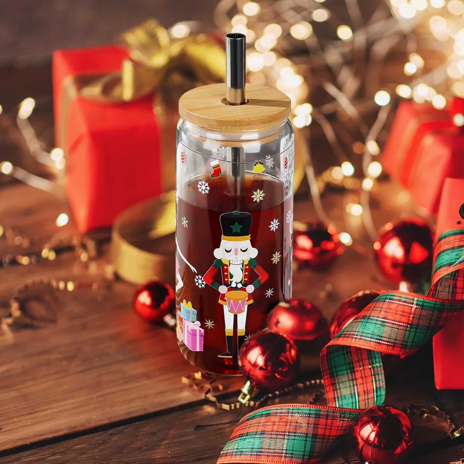 Joeyan Christmas Glass Cups with Lids and Straws,Xmas Nutcracker Tumbler Iced Coffee Glass with Keychain and Socks,Decorative 20oz Drinking Glasses with Tree Soldiers Patterns,Gift for Women Family - Image 2