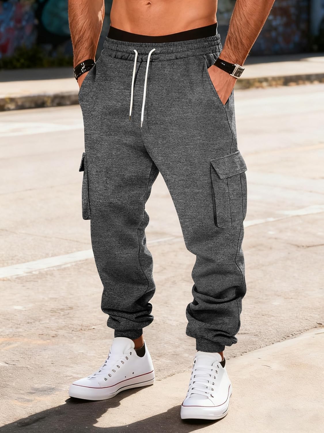 Mens Fleece Cargo Sweatpants Heavyweight Elastic Waist Pants with Pockets Baggy Drawstring Jogger Pants - Image 4