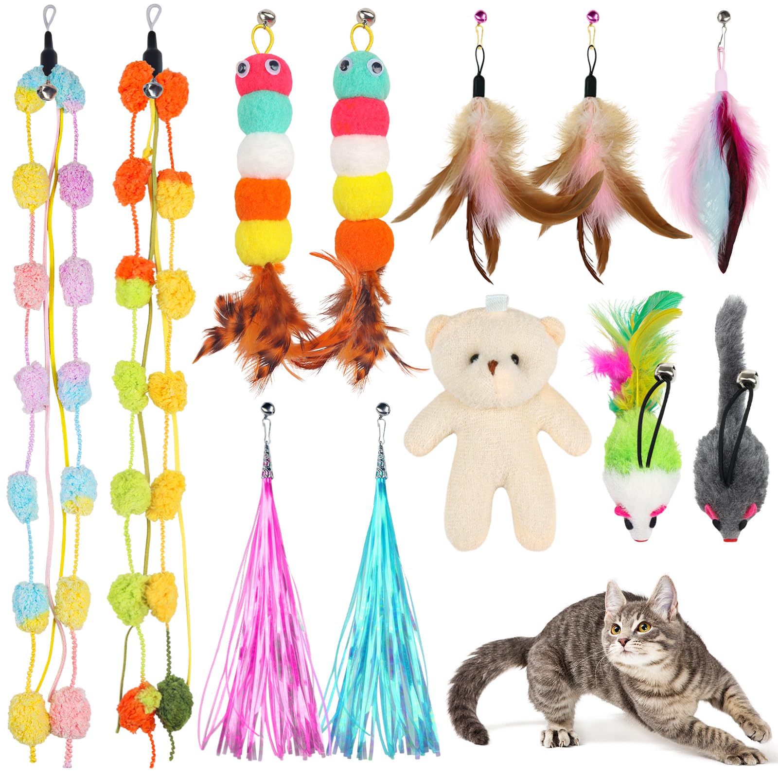 QUOZUO Cat Feather Wand Replacement - 12 PCS Toy Refills and Attachments for Cat Toys