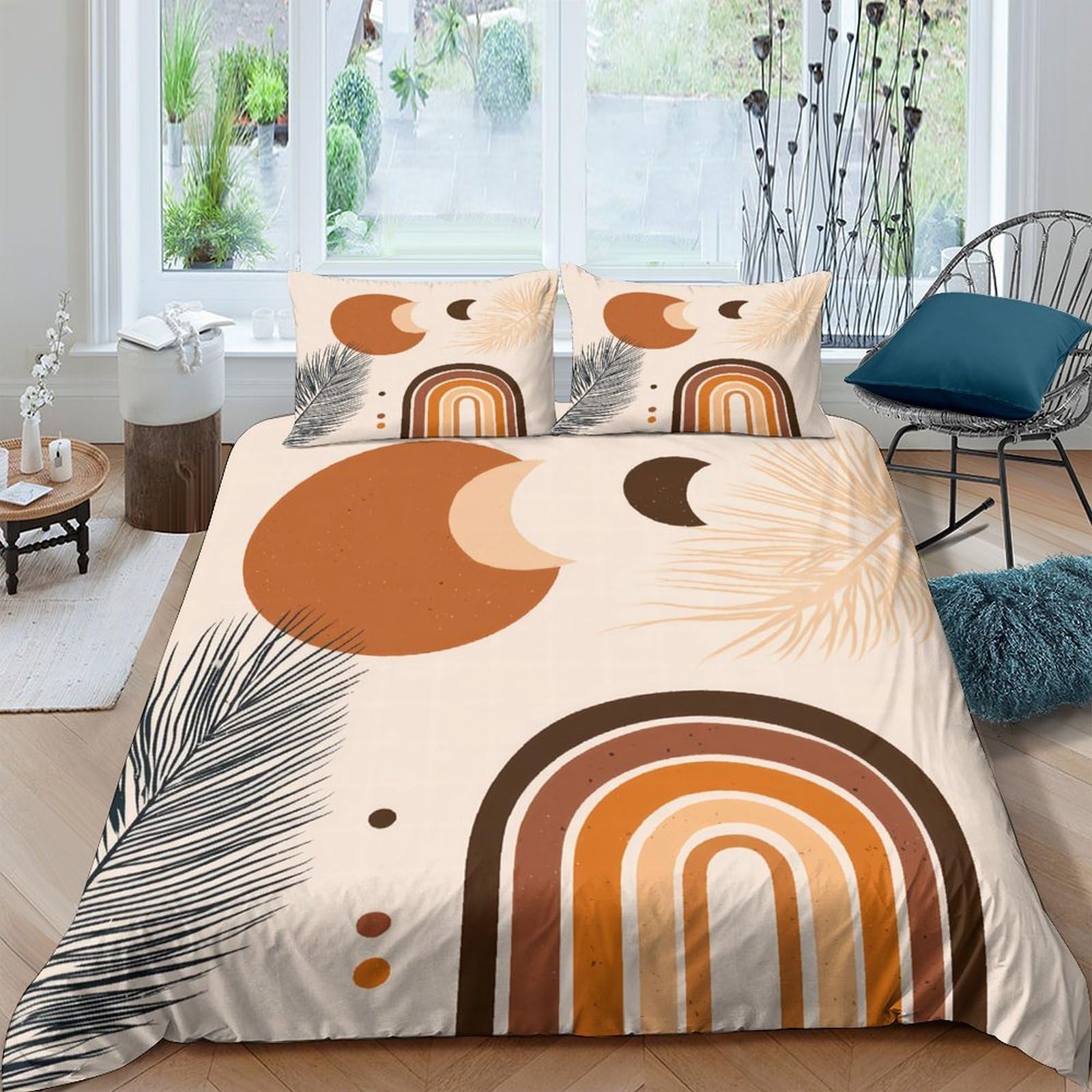 Ctjqhvkz Style-1 3D Printed Abstract Sun Moon Fitted Sheet Microfiber Orange Rainbow Mattress Cover For Bedroom Guest Room Decor Single（135X200cm）