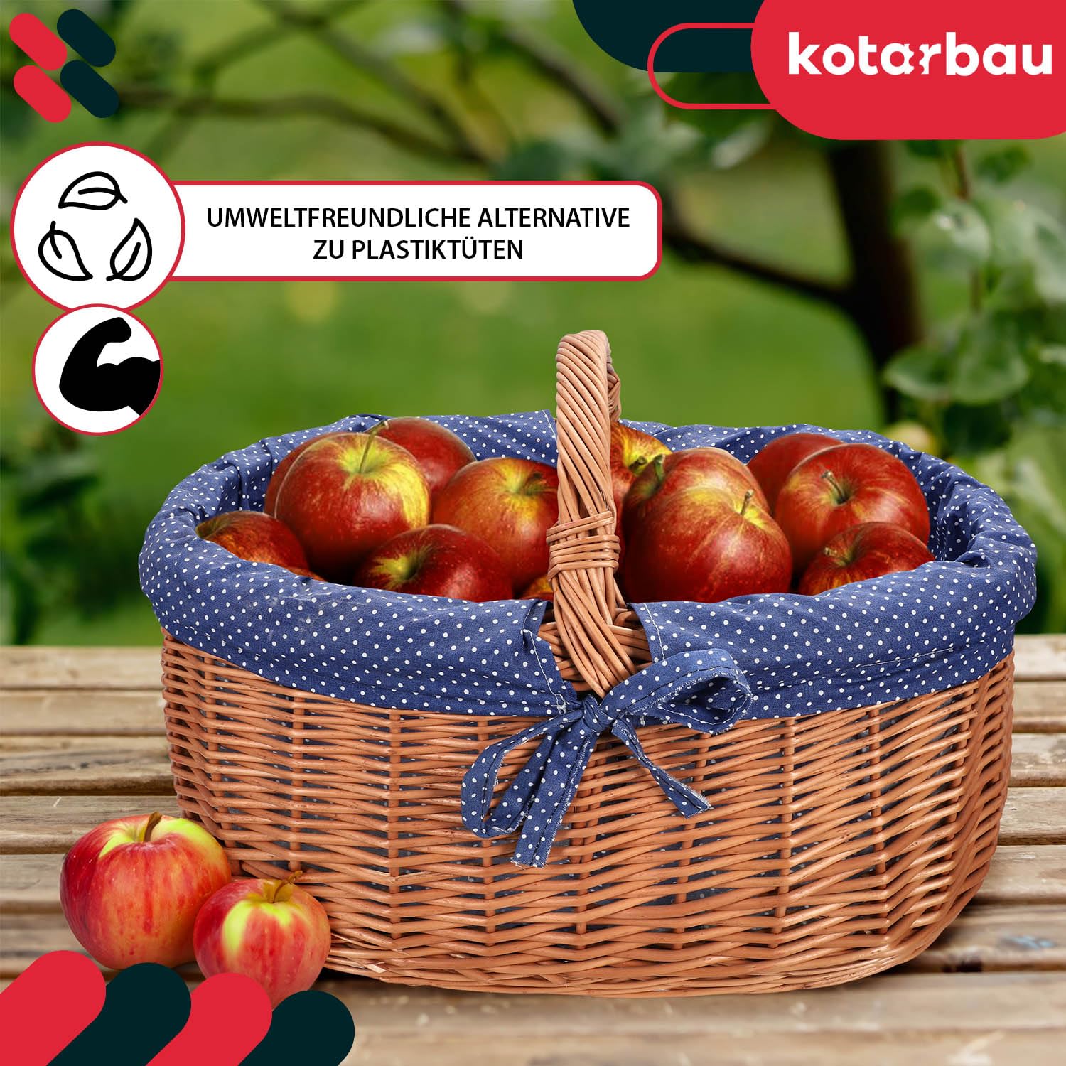 KOTARBAU® Weidenkorb mit Henkel - 47 x 31 x 32 cm - Korb mit Henkel - Einkaufskorb - mit Stoffeinlage in Blau - Pilzkorb - Erntekorb - Natürlich - Lebensmittelecht - Weide - Braun