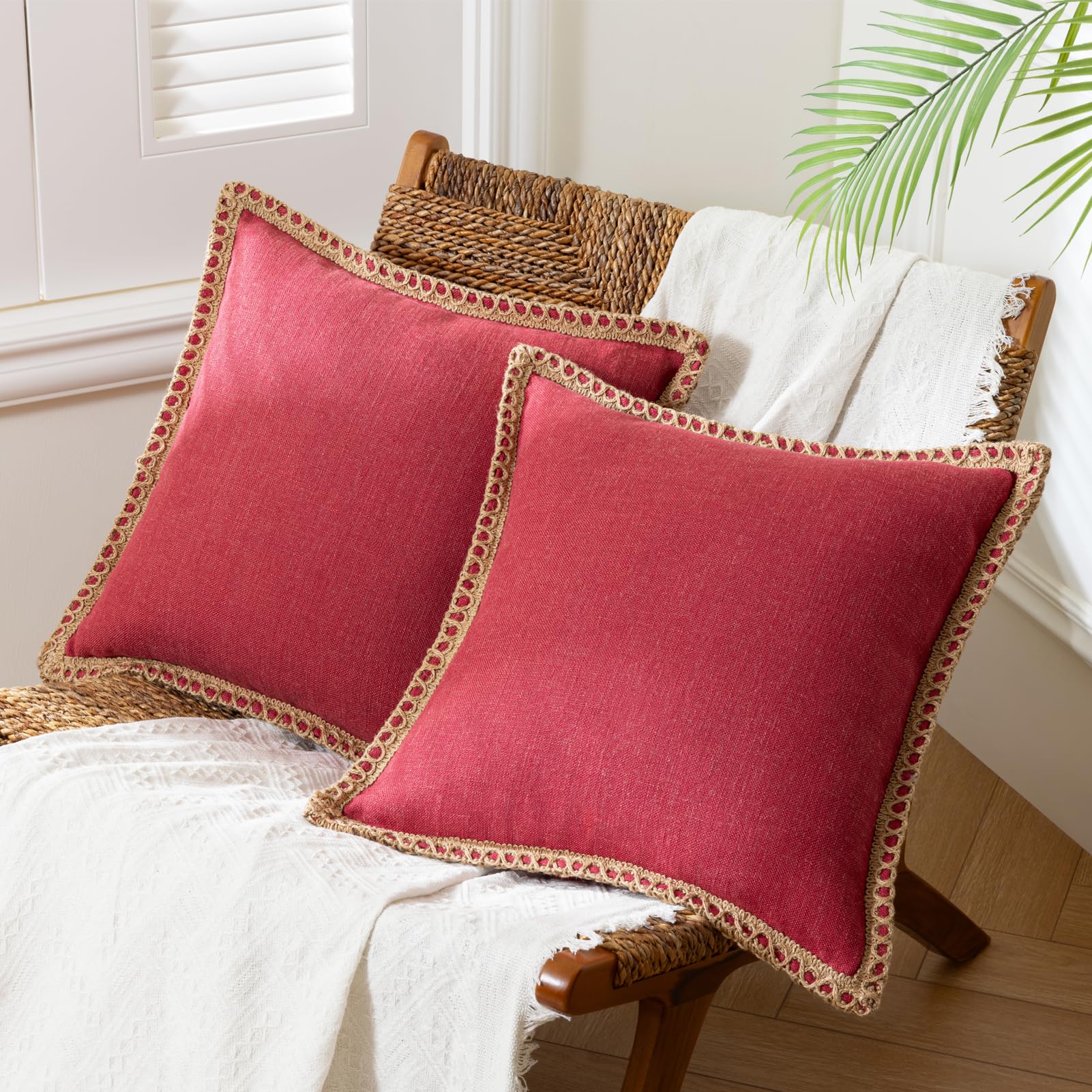 Phantoscope Pack of 2 Farmhouse Decorative Solid Throw Decorative Pillow Cover Burlap Linen Pillow Covers Trimmed Tailored Edges Red 18 x 18 inches,