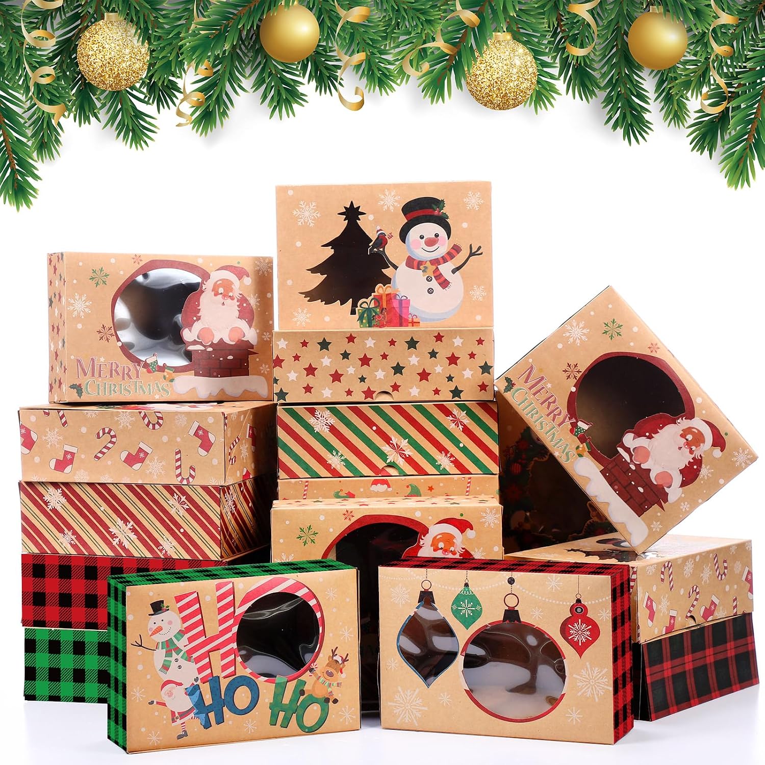 Funrous 32 Pcs Christmas Cookie Gift Boxes with Window 8.7 x 5.5 x 2.8 Inch Kraft Paper Christmas Bakery Cookie Boxes Large Holiday Treat Boxes for Gift Giving Xmas Party Favor Food Containers Bulk