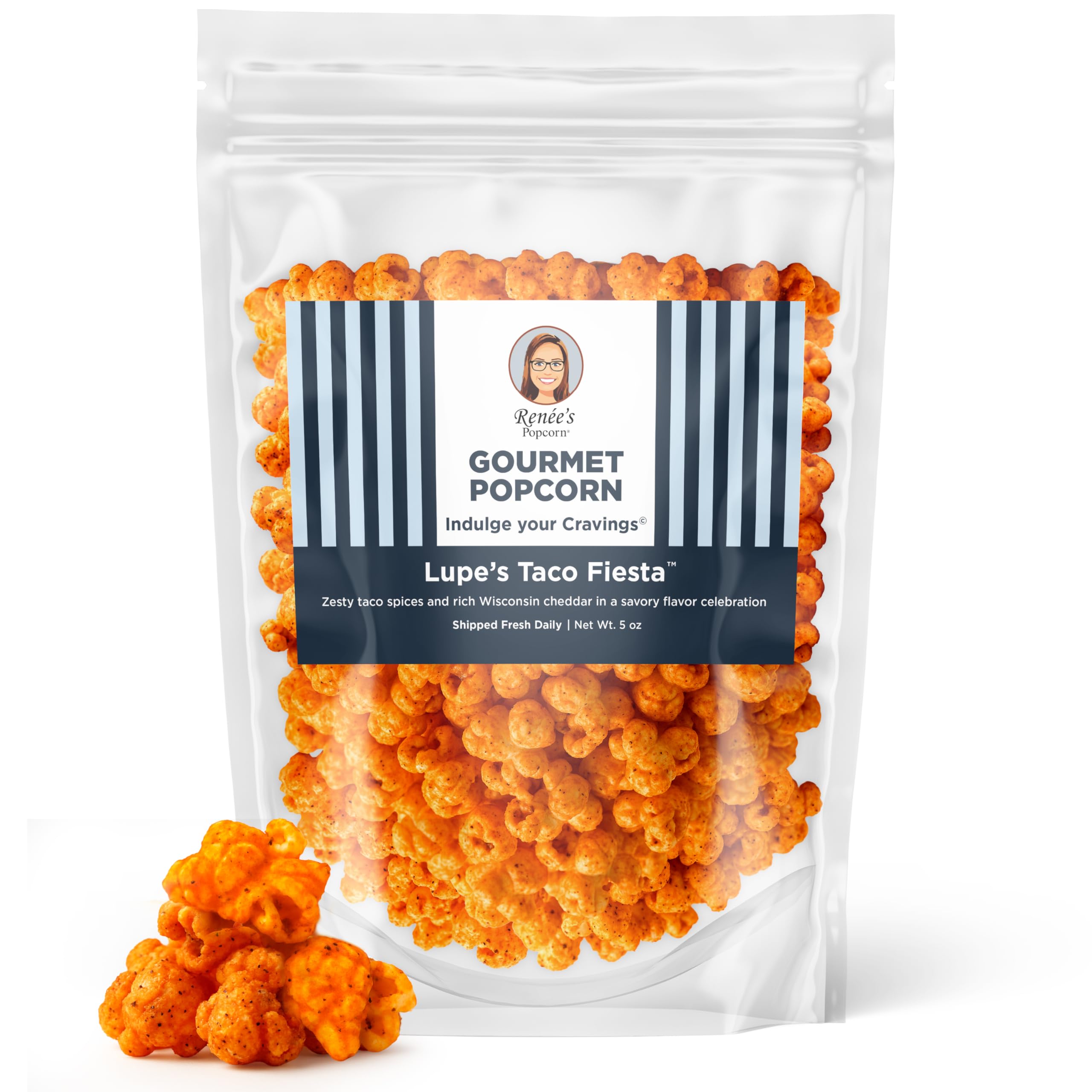 Renée’s Lupe’s Taco Fiesta™ Gourmet Popcorn - real Wisconsin cheddar cheese, zesty taco seasonings are savory on fresh popped corn, snack or gift –
