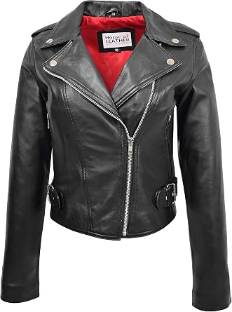 Womens Real Leather Biker Jacket Cross Zip Casual Style Emma Black