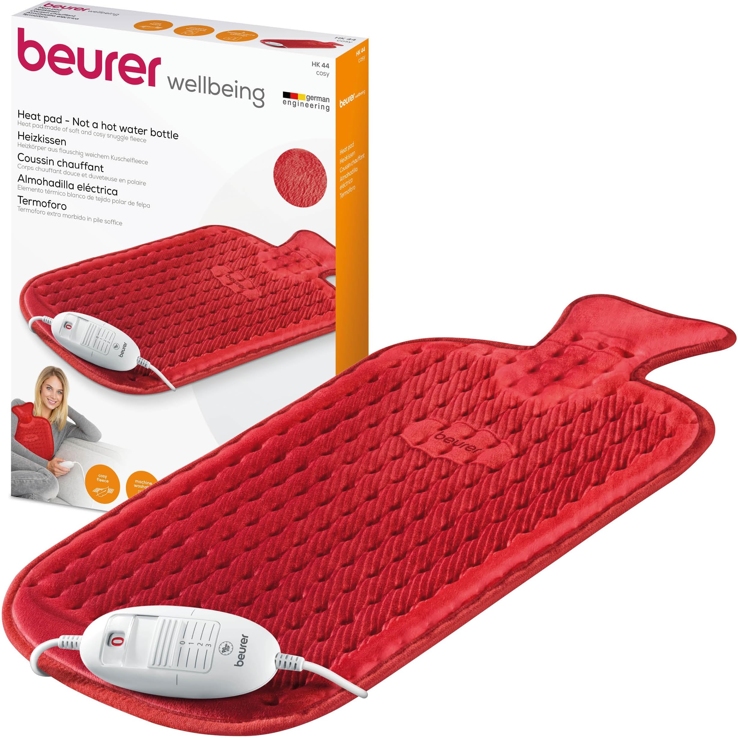 Beurer HK44UK Heat Pad | Soft and cosy electric heat pad | Rapid warm-up function | 3 electronically regulated temperature settings | Machine-washable | The NEW-AGE hot water bottle, 50 x 30 cm, Red