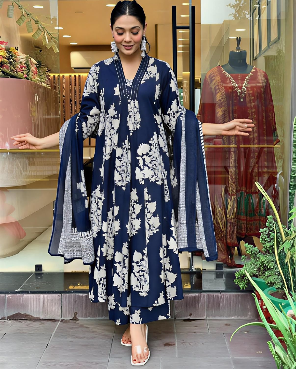 S & D Attire Women’s Rayon Floral Print Kurta Pant Set | Embroidery Neck Work Kurta Set Ethnic Wear