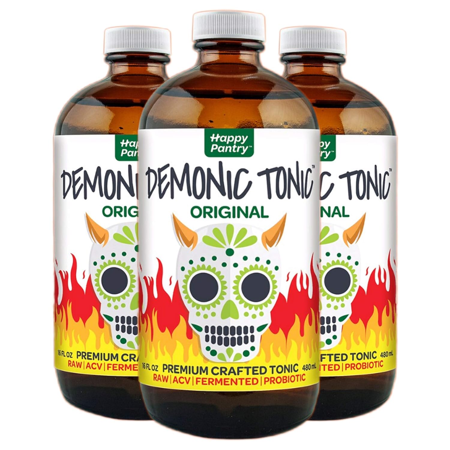 Demonic Tonic, 48oz (3 x 16oz glass bottles) by Happy Pantry. Raw, unpasteurized, premium crafted fire cider made with organic ingredients.