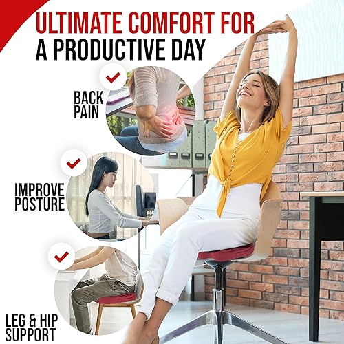 Miniatura 4 de FORTEM Cojín de asiento XL para oficina, soporte lumbar para silla, soporte de respaldo de espuma viscoelástica, funda lavable (rojo, terciopelo)