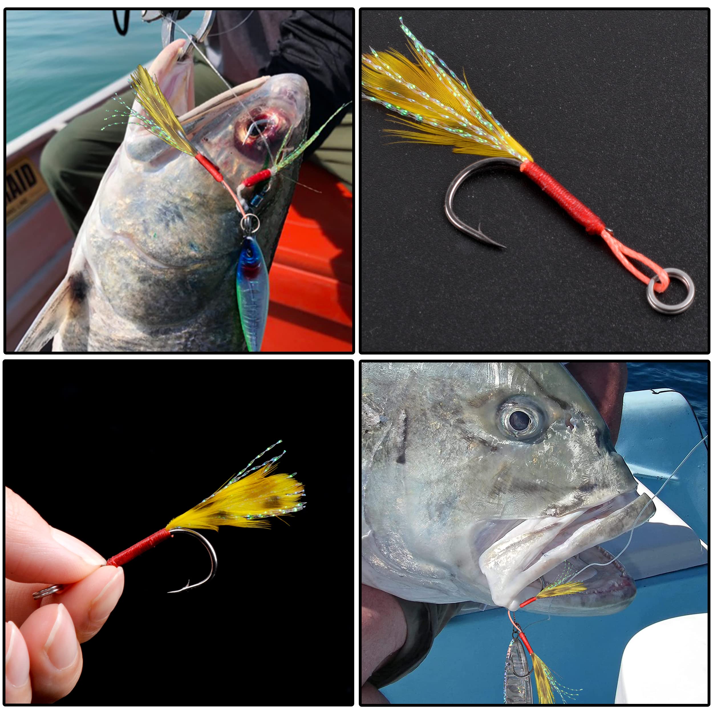 Assist Jig - Kit di Ami da Pesca, 50 Ganci Con Piume in Acciaio Ad Alto Tenore di Carbonio Affilati per Esche a Passo Lento, Set per Traina