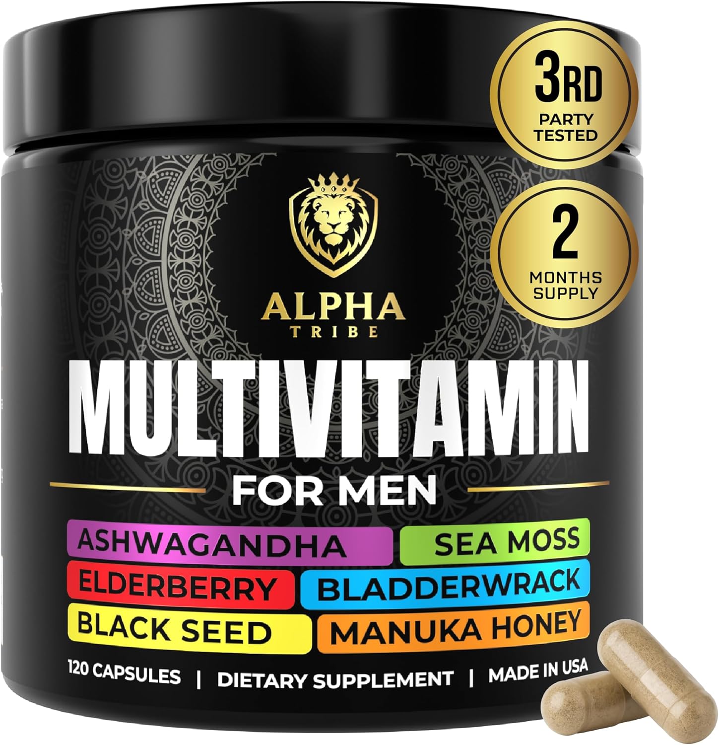 Alpha Tribe Multivitamin for Men with Sea Moss, Black Seed Oil, Ashwagandha, Turmeric Bladderwrack, Burdock,Vitamin C, Elderberry, Manuka, Yellow Dock | Daily Men’s Vitamins and Minerals Supplement