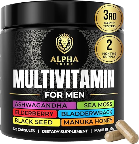 Alpha Tribe Multivitamin for Men with Sea Moss, Black Seed Oil, Ashwagandha, Turmeric Bladderwrack, Burdock,Vitamin C, Elderberry, Manuka, Yellow Dock | Daily Men's Vitamins and Minerals Supplement