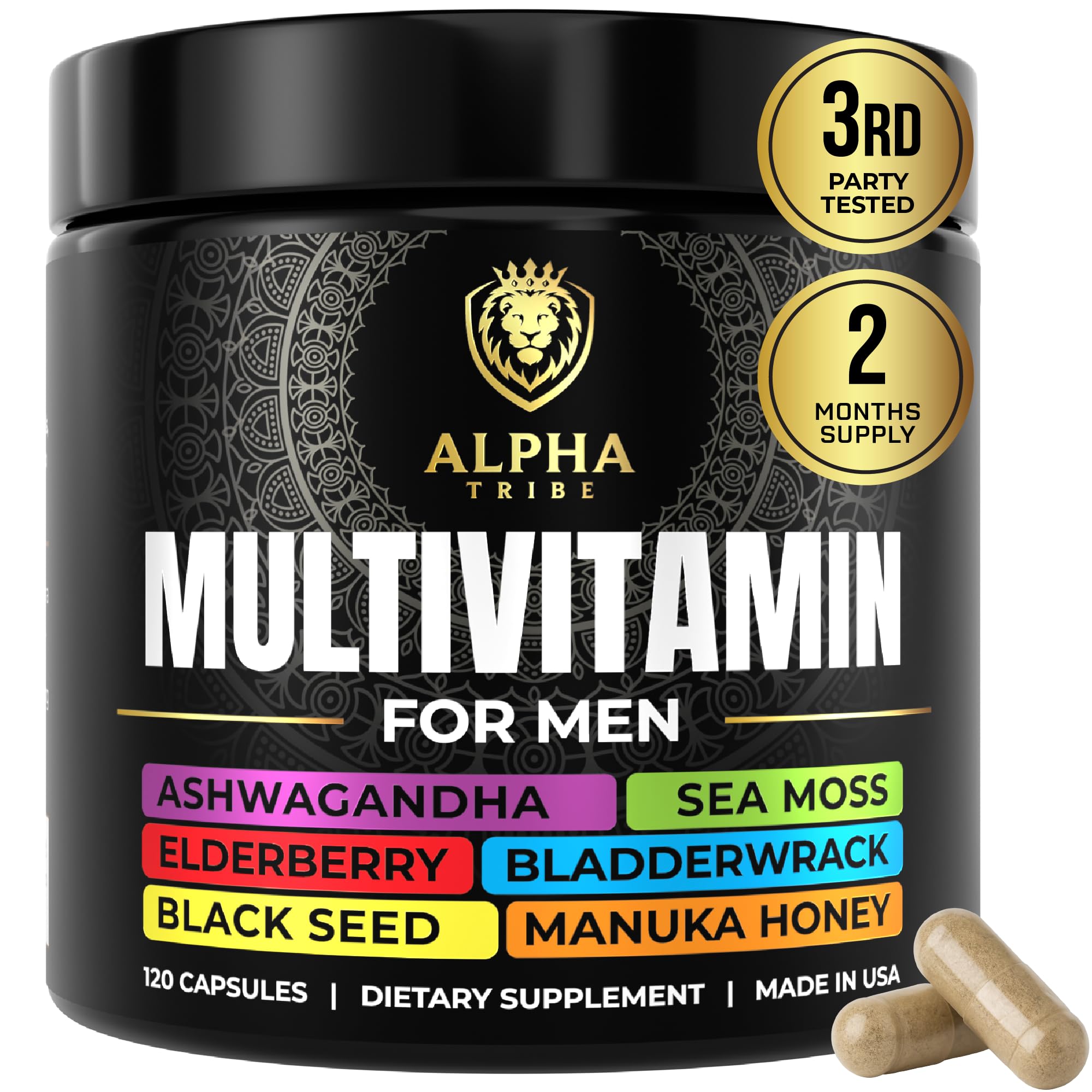 Multivitamin for Men with Sea Moss, Black Seed Oil, Ashwagandha, Turmeric Bladderwrack, Burdock,Vitamin C, Elderberry, Manuka, Yellow Dock | Daily Men's Vitamins and Minerals Supplement