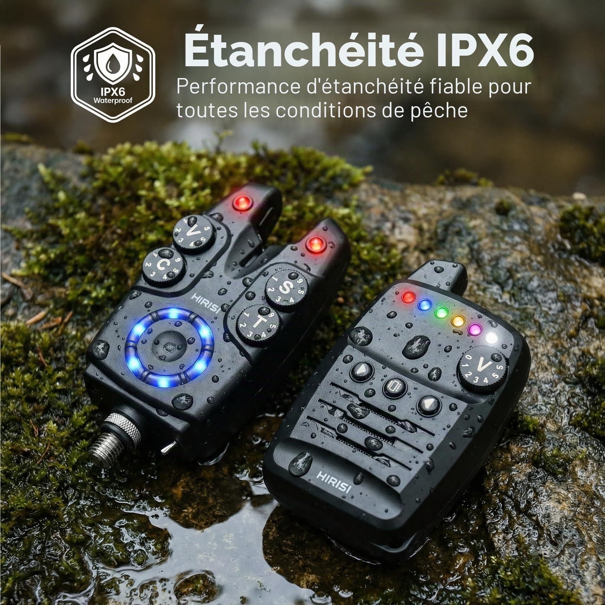 Hirisi Tackle Lot de détecteurs de touche pour carpe avec télécommande sans fil, 6 couleurs réglables, sensibilité, volume et son, cordon inclus