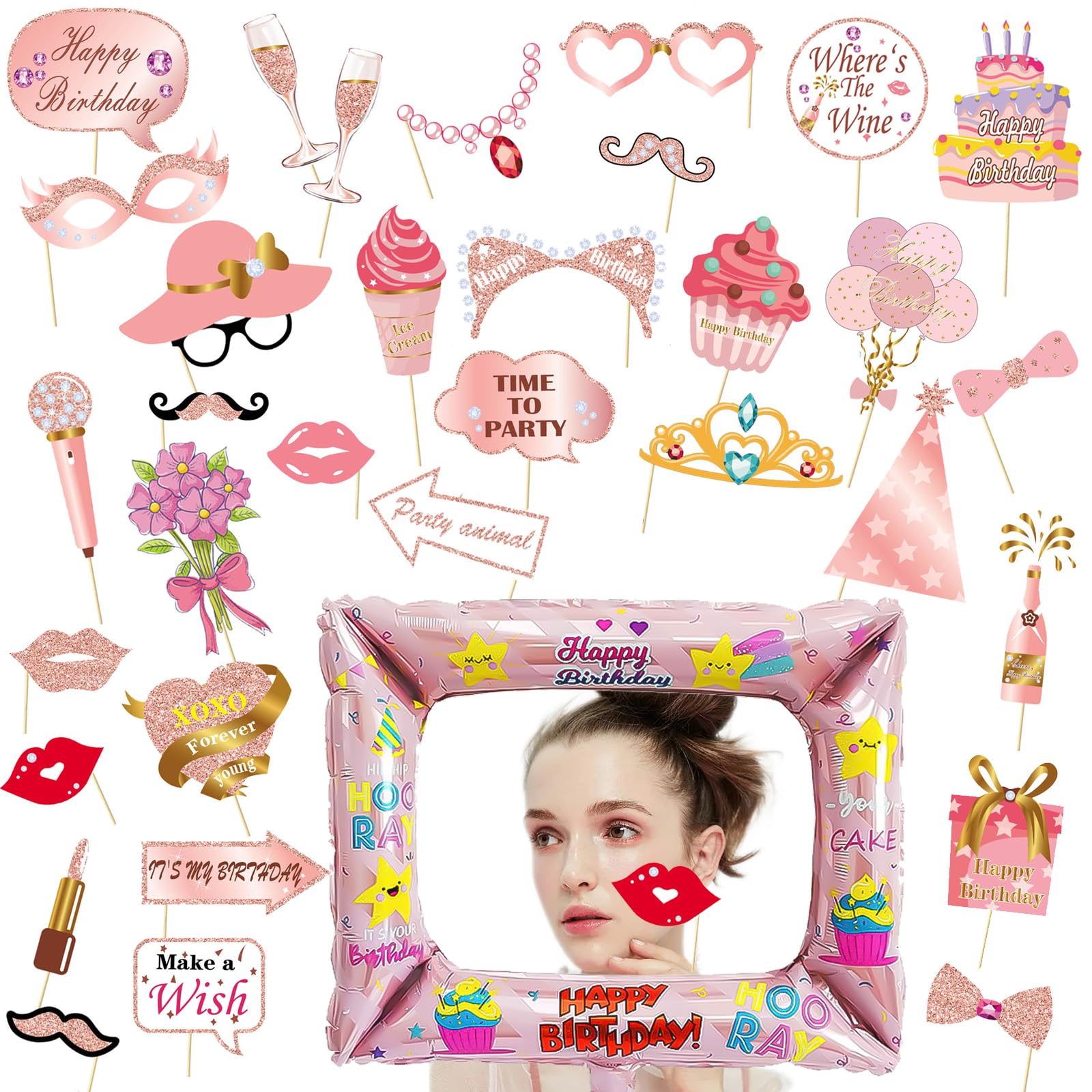 Kit Photobooth Anniversaire Rose Or - Cadre Gonflable + 33 Accessoires - Décoration Fête Selfie Amusante