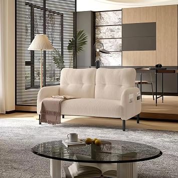 Beige Small Loveseat Couch, Modern Soft Love Seat, Corduroy Upholstered Sofa, Comfy Bedroom Mini Couchs with Metal Legs and Side Pockets for Living Room Bedroom, Dorm, Apartment Beige