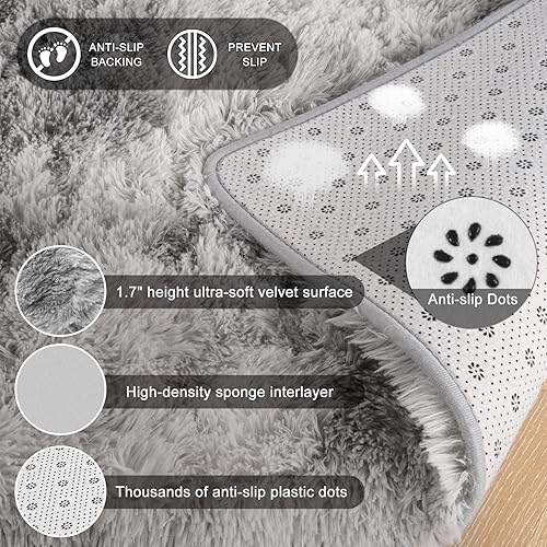 Miniatura 5 de Terrug Alfombra esponjosa para dormitorio, teñido anudado gris claro, alfombra de 3 x 5 pies para sala de estar, habitación de los niños, alfombra