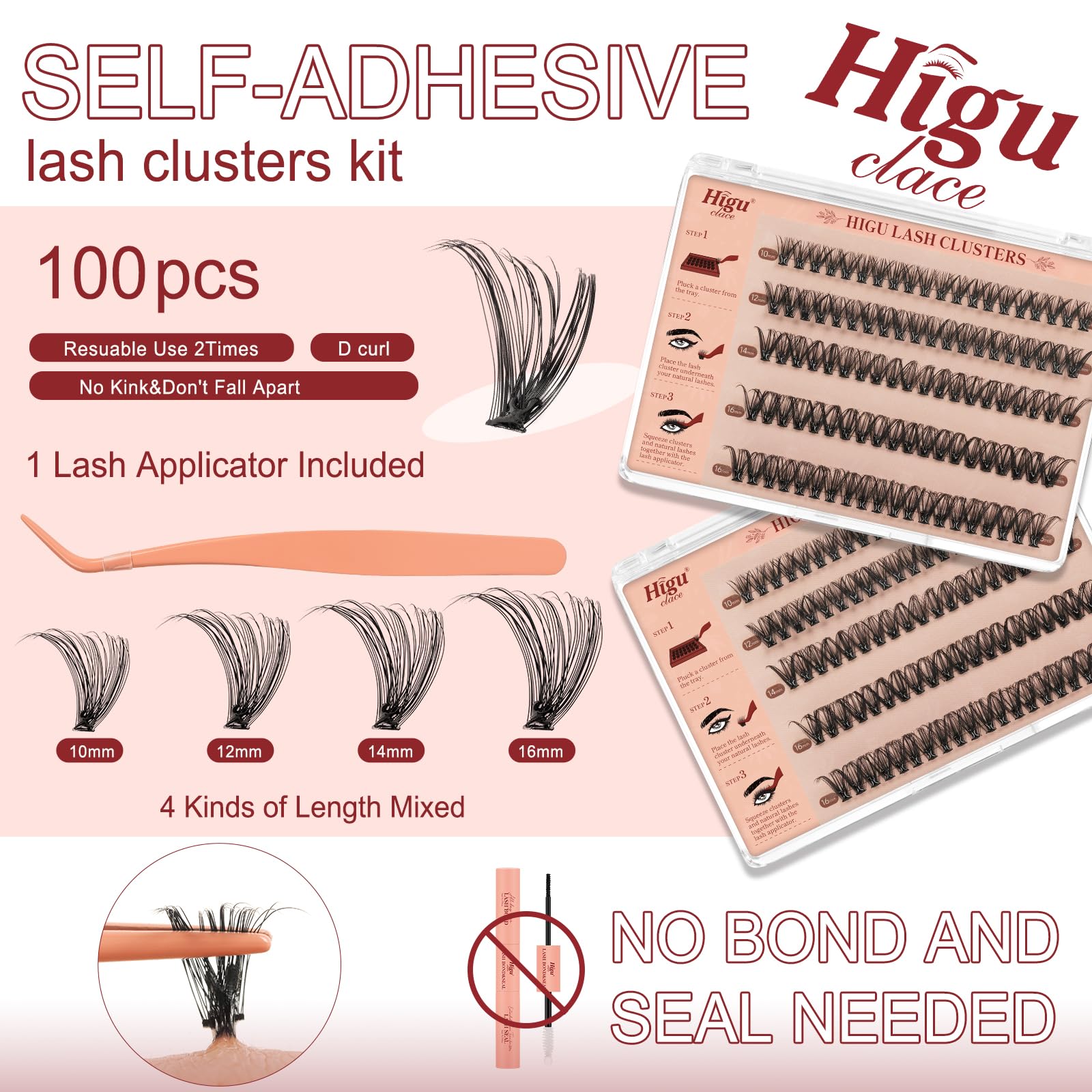 Higu clace 40D Ciglia Autoadesive, Ciglie Finte Naturali, Set Di Ciglia Preincollate, Mix 10-16 mm, Senza Colla E Rimozione, Per Fai Da Te (40D Set)
