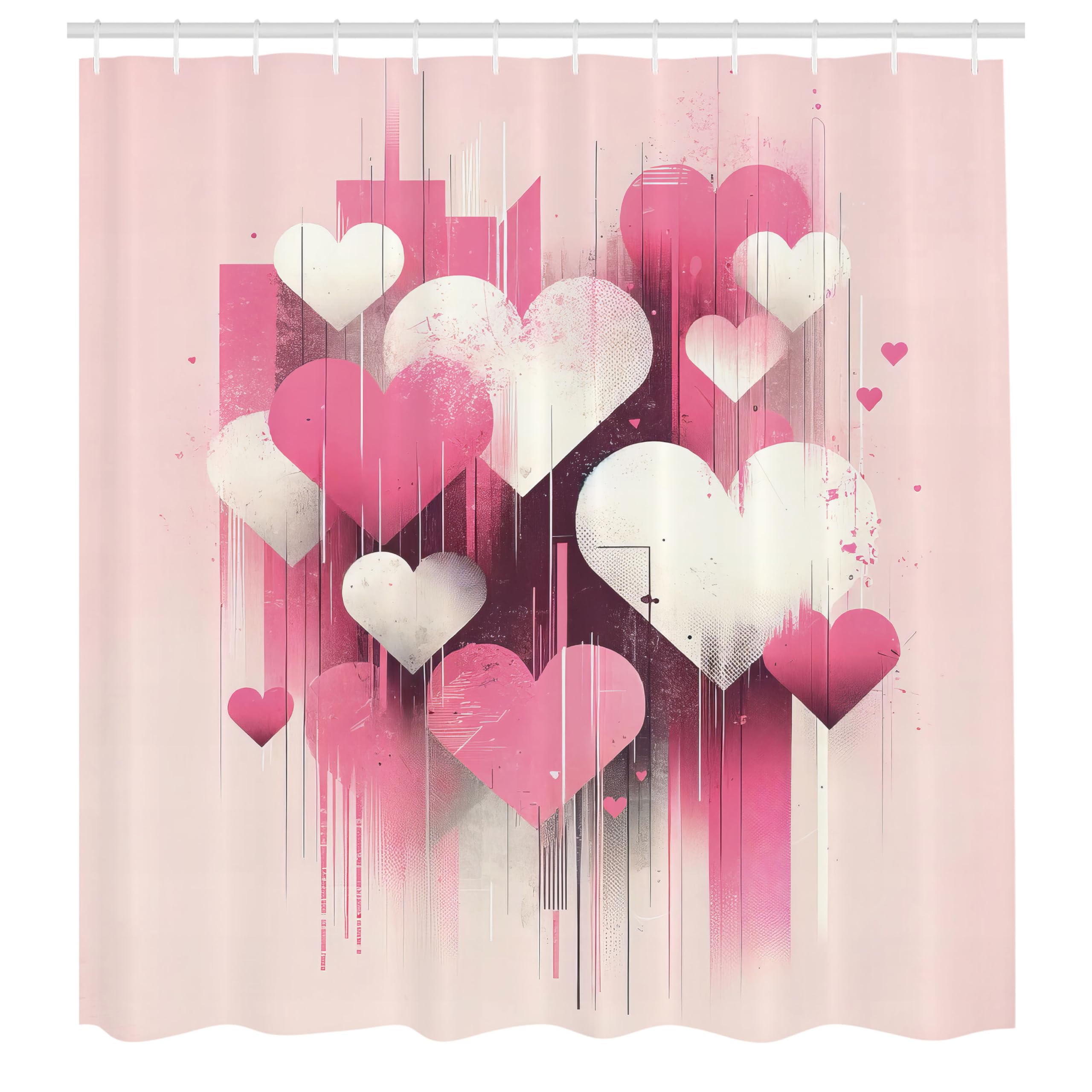 ABAKUHAUS Pink Shower Curtain, Futurist Love Hearts Lines Art, Cloth Fabric Bathroom Decor Set with Hooks, 175 x 220 cm, İvory