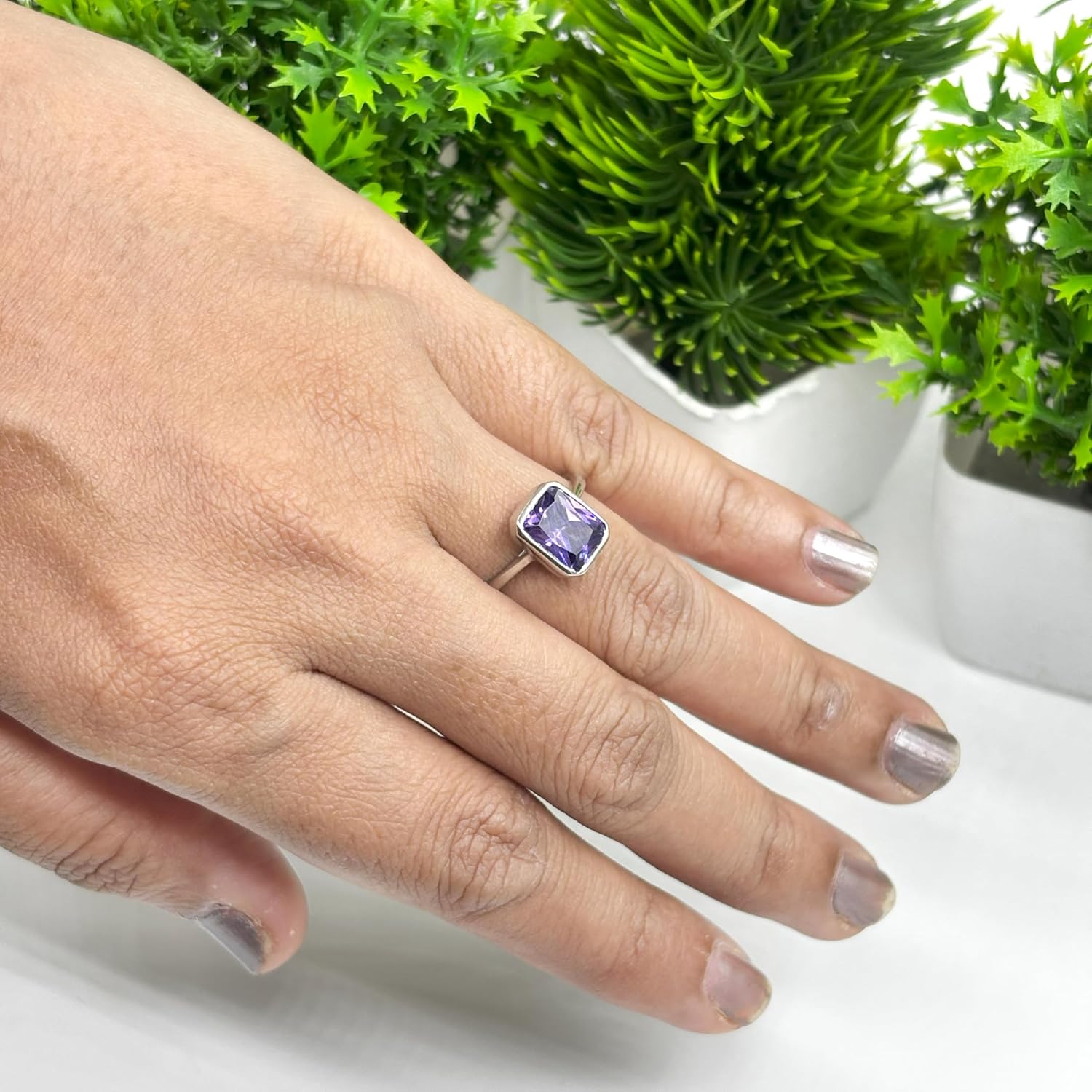 2.00 Carat Emerald Cut Bezel Set Amethyst Solitaire Engagement Ring For Women, 14K Gold Plated 925 Silver Emerald Shape February Birthstone Amethyst Bridal Solitaire Ring