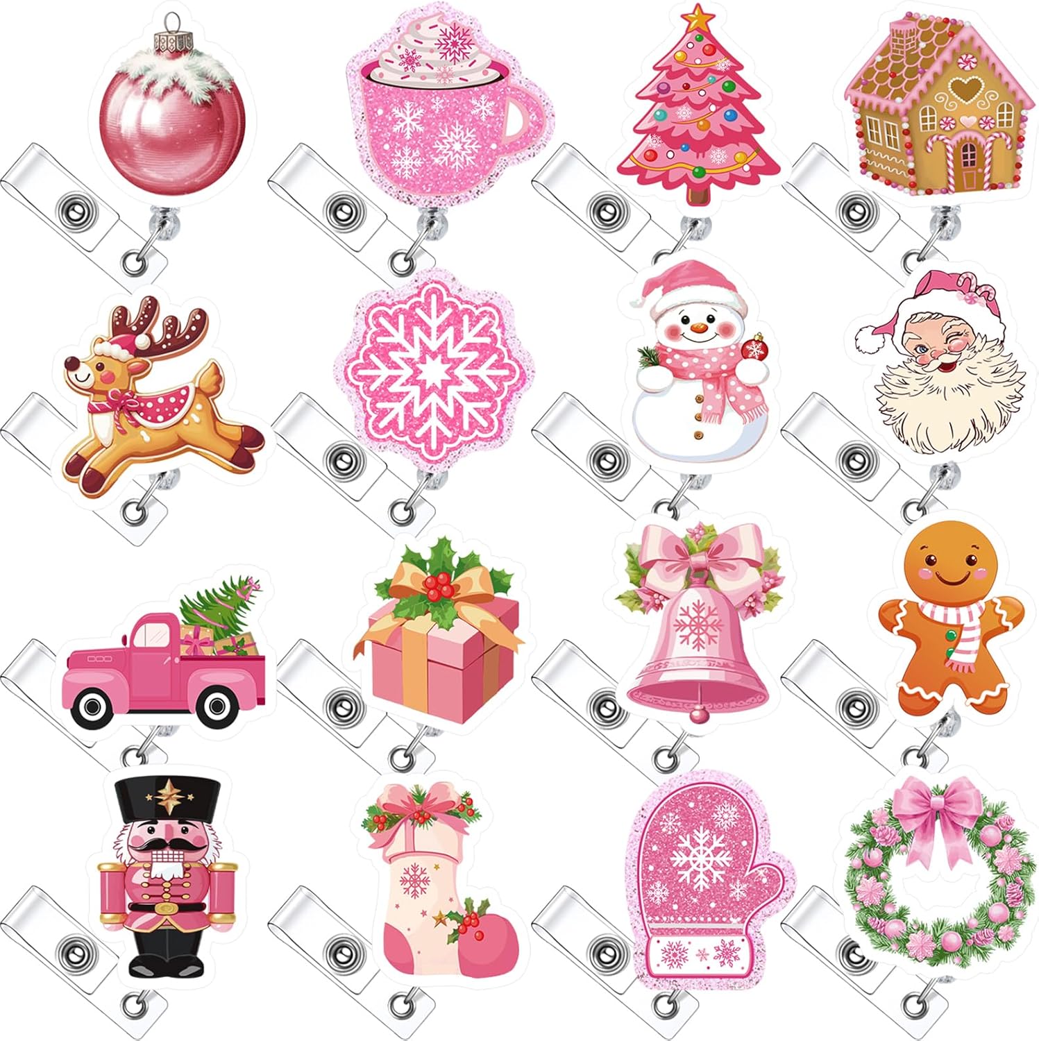 16 Pcs Christmas Pink Winter Nurse Badge Reel Retractable with ID Clip Bling Snowman Snowflakes Holiday Gift Badge Holder for Nursing Er ICU Women Men Office Doctors
