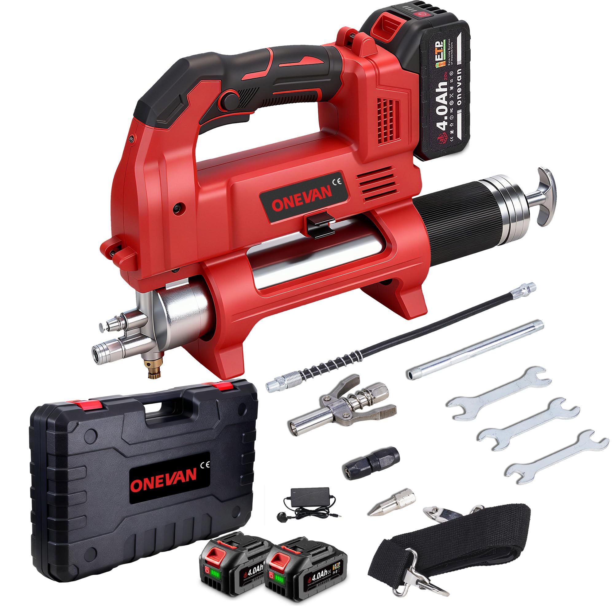 ONEVAN Cordless Grease Gun, 600CC Electric Brushless Grease Gun, 2 Greasing Modes (Tube/Bulk), 12,000 PSI Rotatable Aluminium, with 2 * 4.0Ah Battery, 3*Coupler, Portable Case, for Ships/Trucks