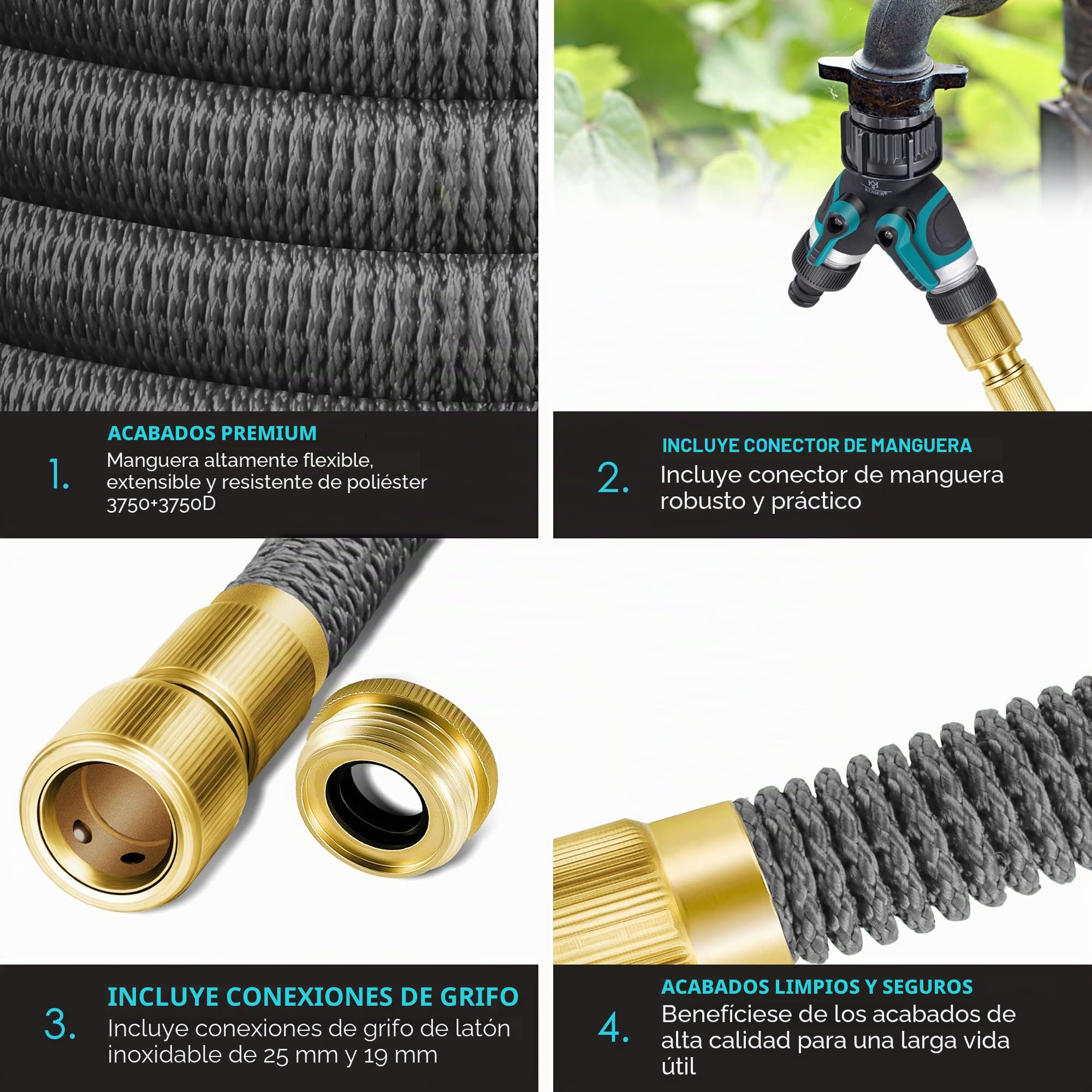 KESSER® Manguera de Jardín Flexible Premium | Expansible + Soporte de Pared | Manguera de Agua Flexible con Núcleo de Látex de Triple Capa | Conexiones de Latón de 22,5 metros Antracita