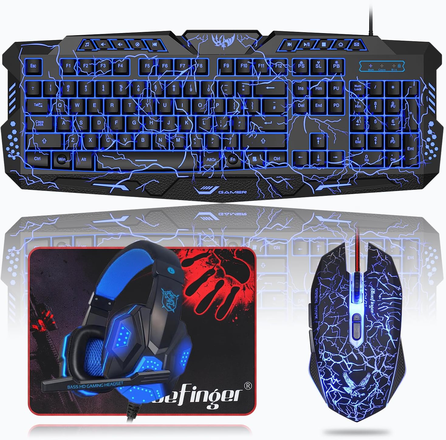 BlueFinger Backlit Gaming Keyboard, Mouse and LED Headset Combo - USB Wired 3 Color Crack Backlit, Blue LED Light Headset - Set for Work and Game