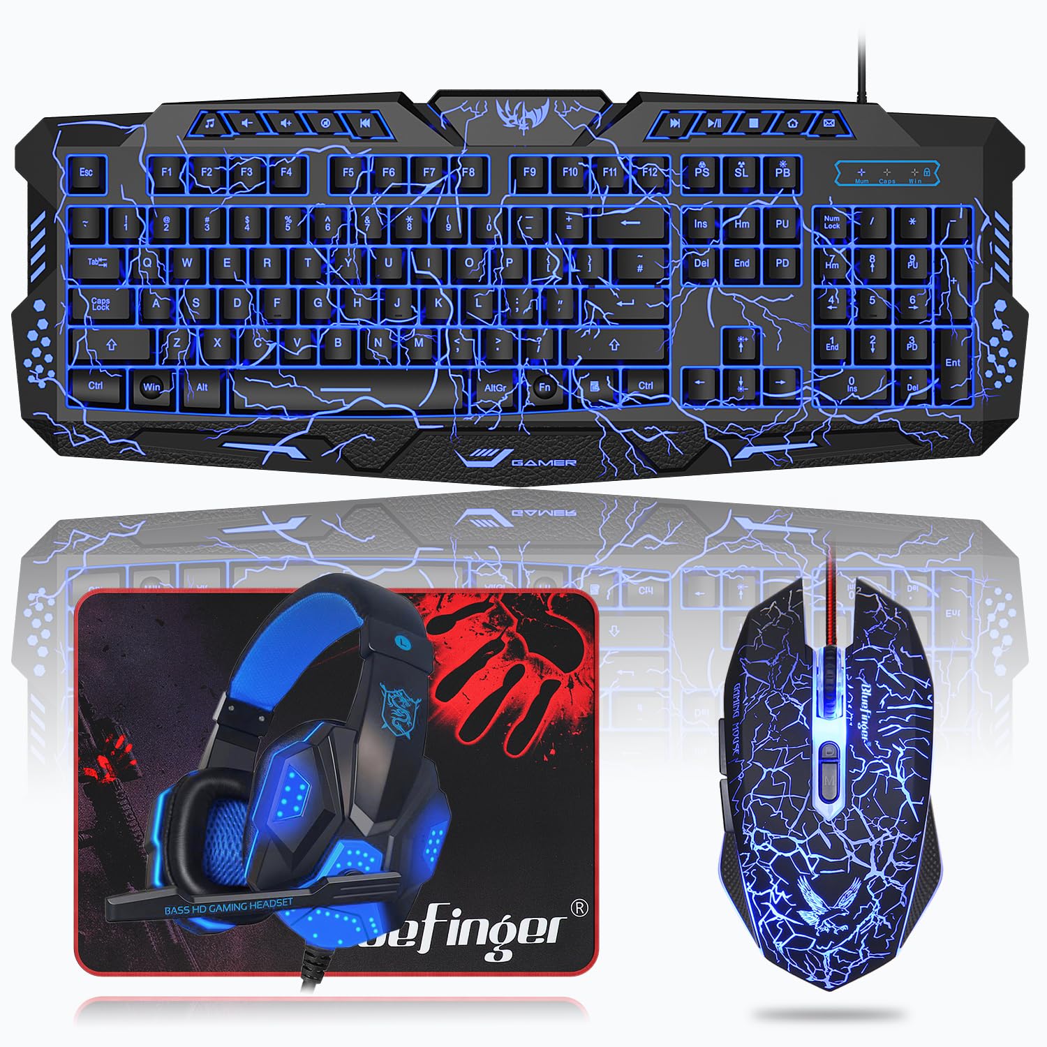 BlueFinger Tastiera da gioco retroilluminata, mouse e cuffie a LED, con cavo USB, retroilluminato a 3 colori, con luce LED blu, set per lavoro e gioco