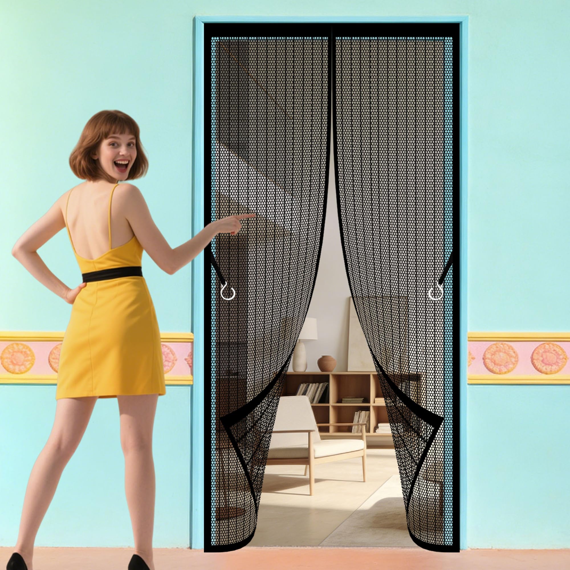 Magnetic Insect Door Screen 121 x 263 cm with Full Length Magnets No Gap Auto Closes Magic Paste Curtains Keeps Flies Mosquitoes Out for Living Room, Bedroom, Patio, Black