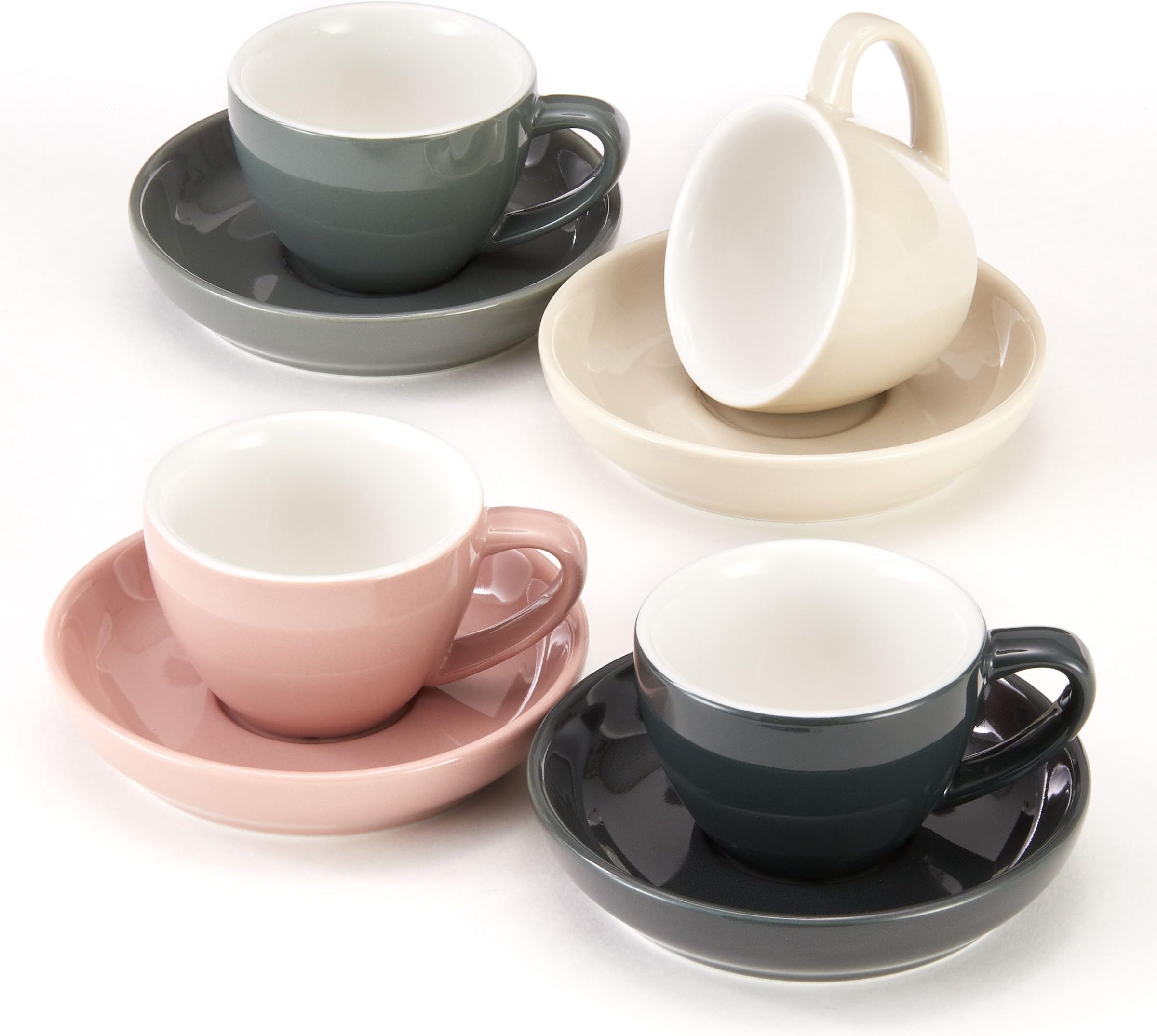 Espresso Cups and Saucers - 3-Ounce Demitasse for Coffee, Set of 4, Assorted Colors (Modern)