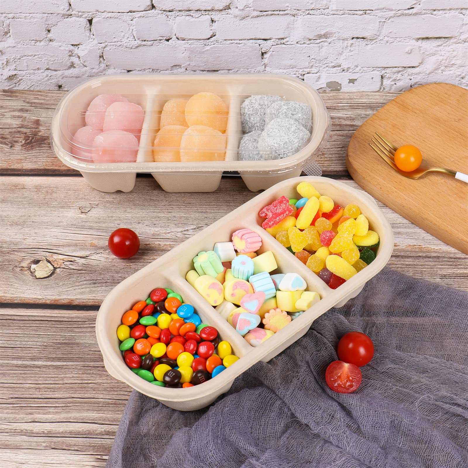 Cuencos de papel desechable de 35 onzas, 3 compartimentos con tapas, cuencos de fibra de caña de azúcar para aperitivos, postres, preparación de comidas, paquete de 50