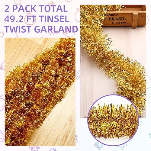 Miniatura 4 de Guirnalda de oropel dorada de 50 pies de papel de aluminio para decoración de pared, guirnalda metálica para colgar en la pared, guirnalda de