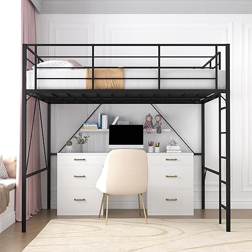 Cama tipo loft Queen de 75 pulgadas con escalera y barandilla alta, no requiere somier, ahorro de espacio, no se hunde, soporte de listones de metal