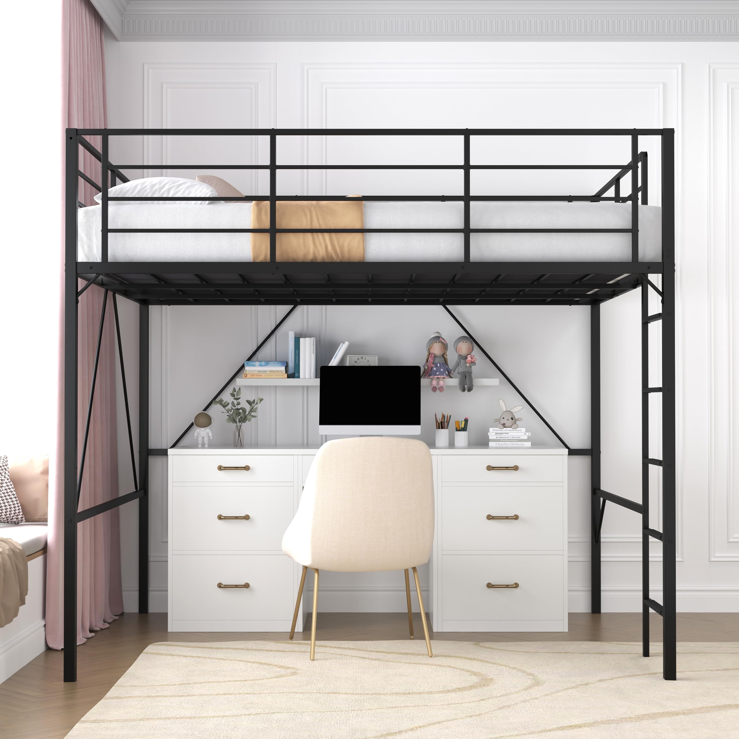75Inch Queen Loft Bed with Ladder and High Guardrail, No Box Spring Required,Space-Saving,No Sagging Metal Slat Support Heavy Duty Bedframe, Black